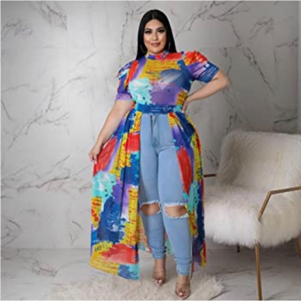 Mesh Puff Sleeve High Low Asymmetrical Hem Maxi Shirt